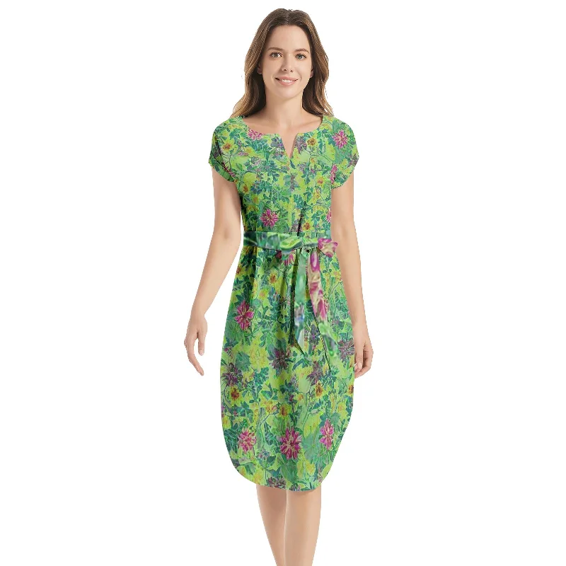 New Markdowns Notched Neck Belted Dress