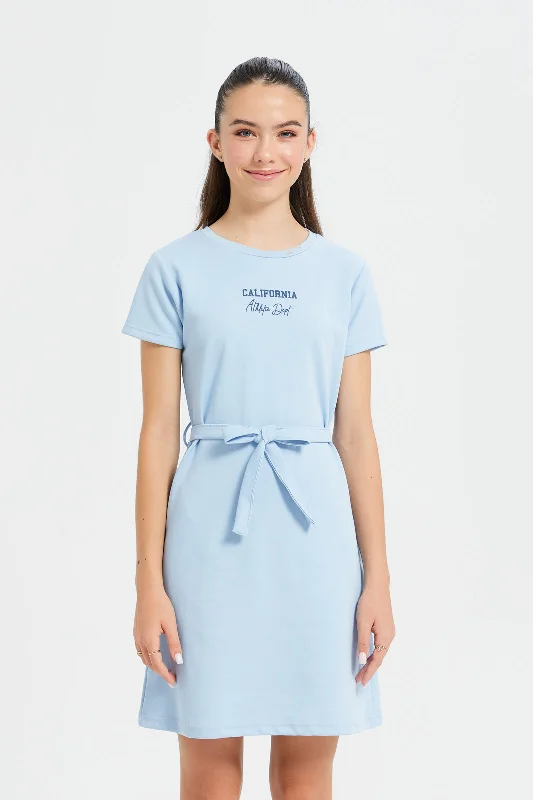 Discount Mania Senior Girls Blue Basic Interlock Dress With Belt