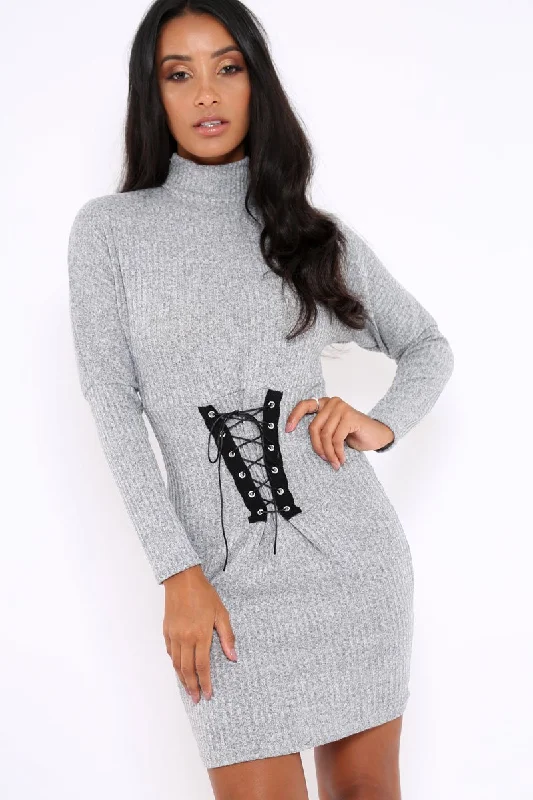 Unmissable Offer Grey High Neck Corset Front Ribbed Jumper Dress - Miah