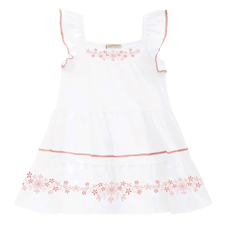 Price Reduction Girls Ruffled Cap Sleeve Dress W/ Embroidery In White W/rose