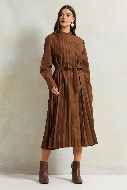 Massive Deals Women Brown Pleated Dress