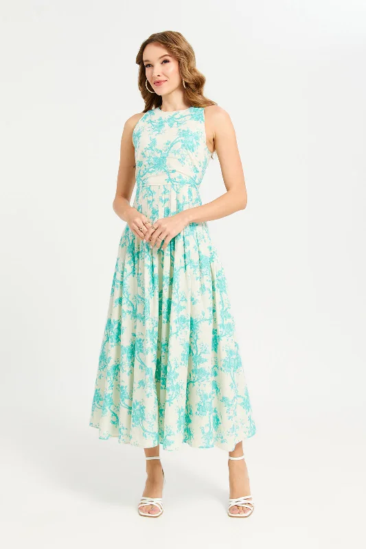 Price Reduction Women Green Printed Sleeveless Long Dress
