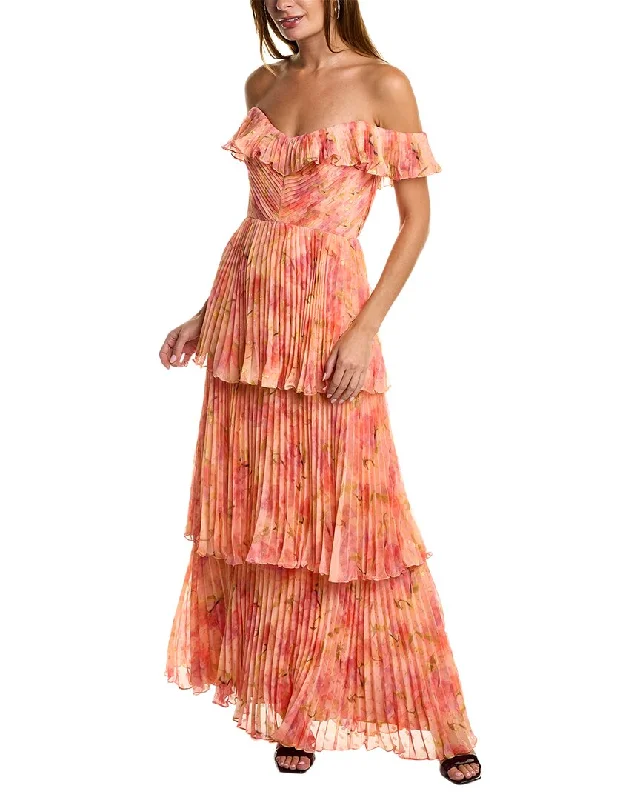 Deal Dash Theia Printed Clip Dot Chiffon Gown