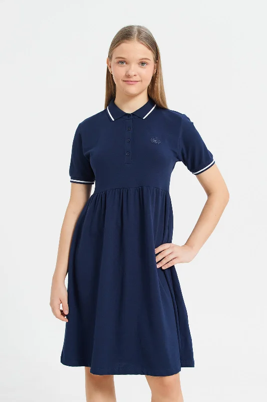 Bonus Savings Girls Navy Collar Plain Short Sleeve Dress