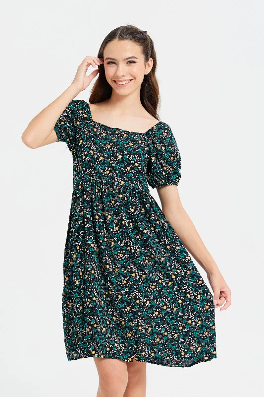 Deep Discounts Senior Girls Black Floral Print Dress