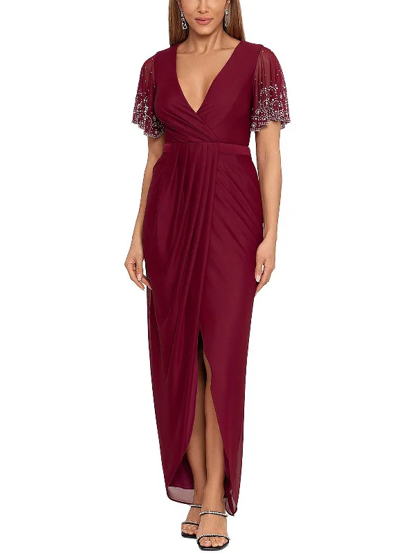 Price Drop Alert Womens Mesh Embellished Evening Dress