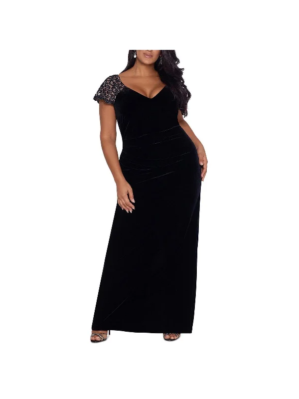 Discount Mania Plus Womens Velvet V-Neck Evening Dress