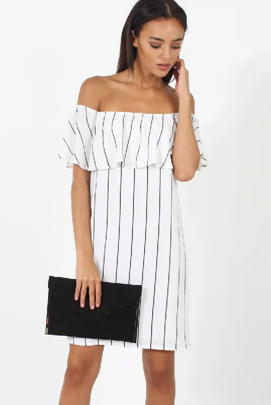 Value Deals White Pinstripe Bardot Dress - Pip