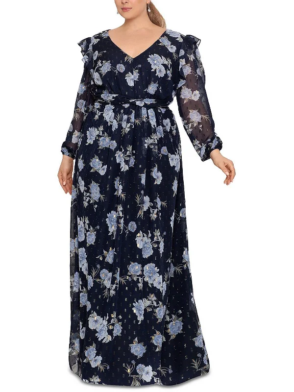 Epic Deals Plus Womens Chiffon V-Neck Maxi Fit & Flare Dress