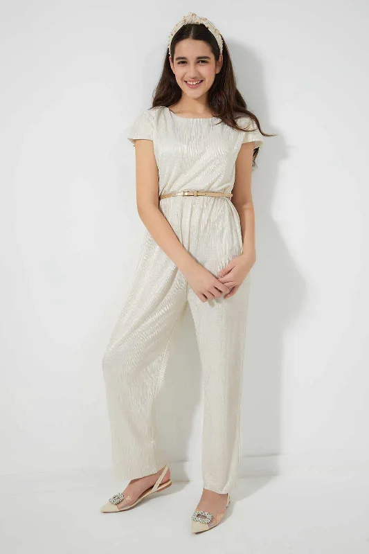 Friends and Family Sale Cream Glittered Jumpsuit With Belt