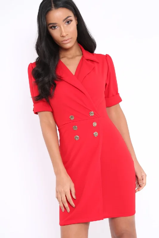 Act Fast Red Button Detail Plunge Wrap Blazer Dress - Aizah