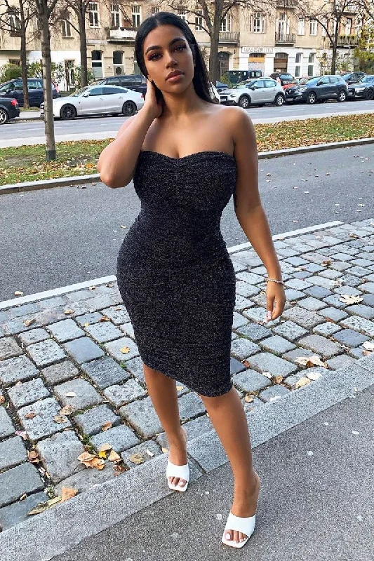 Early Access Black Lurex Glitter Extreme Ruched Slinky Midi Bodycon Dress - Kaja