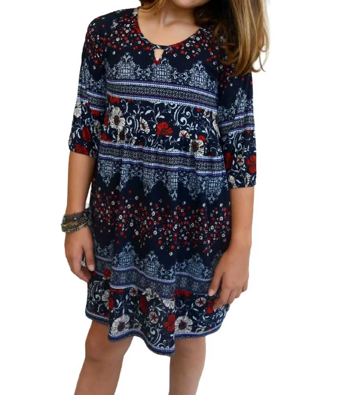 Limited Availability Tween Fall Dresses In Navy Border Print Circle
