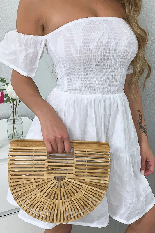Extra Discounts White Shirred Bardot Tiered Textured Mini Dress - Emma
