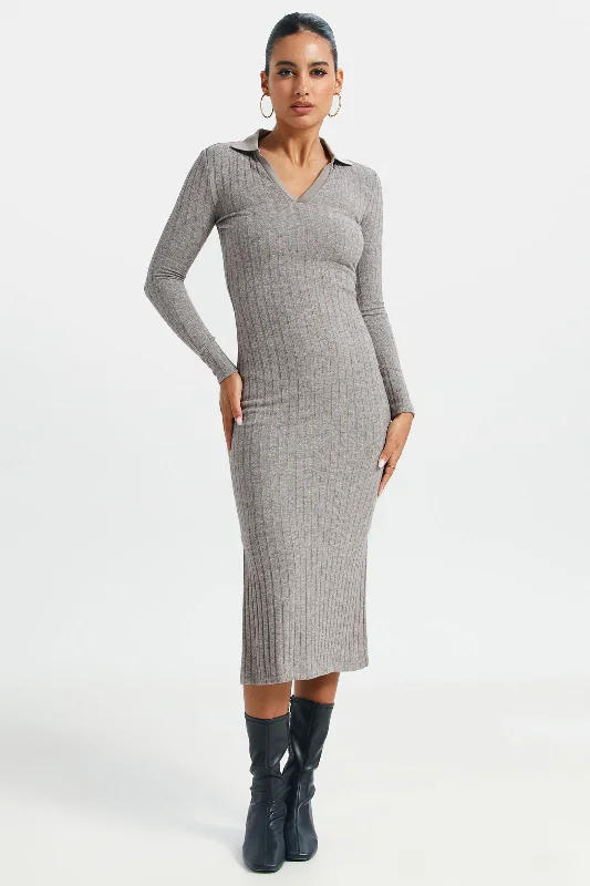 Blowout Sale Women Grey Collared Rib Dress