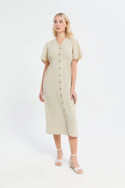 Unmissable Offer Women Beige Buttoned Midi Dress