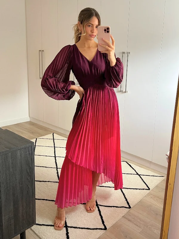 Super Sale Toni Long Sleeved Pleated Maxi Dress / Mulberry & Pink Ombre