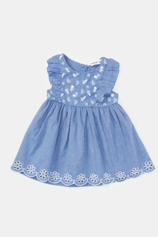 Price Drop Infant Girls Blue Embroidered Dress