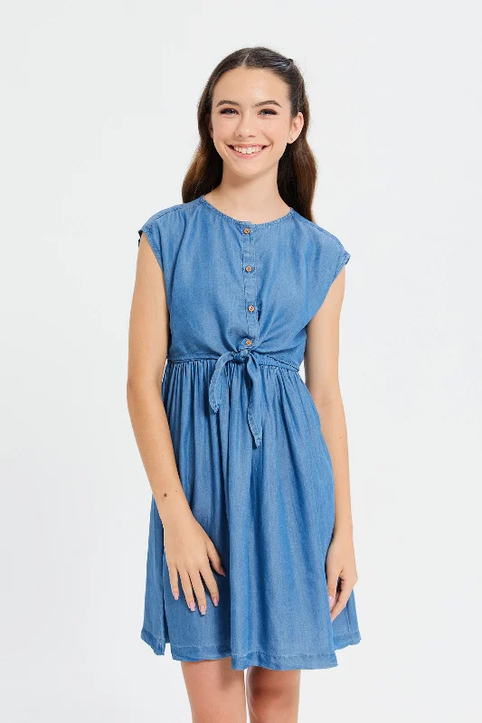 Stock Clearance Senior Girls Blue Front Tie Denim Dress