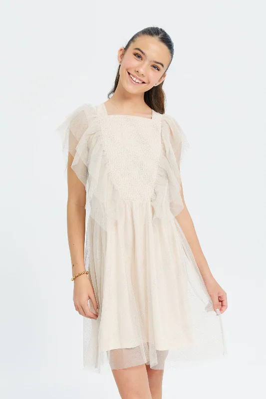 Price Rollback Senior Girls Beige Ruffled Front Mesh Dress With Lurex
