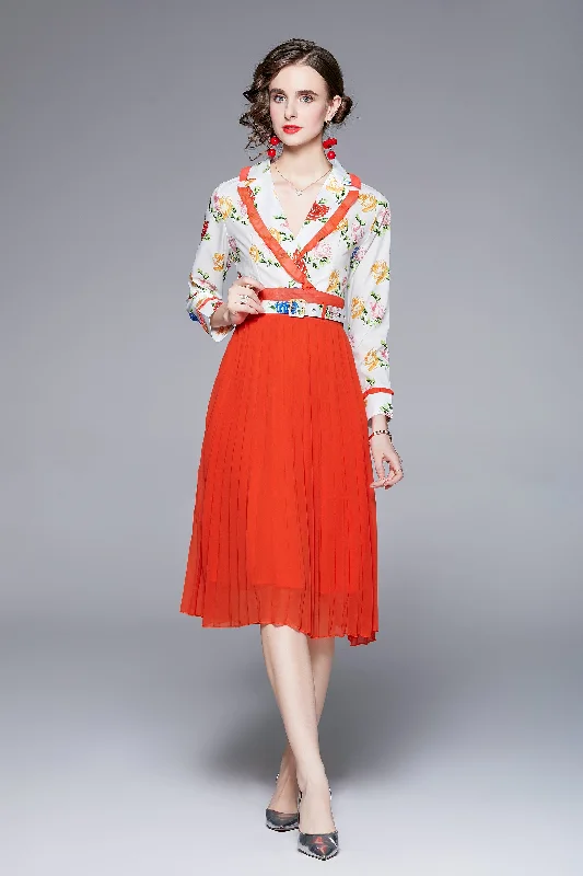 Amazing Deals White & Red Office A-line Notch Lapel Long Sleeve Below Knee Dress