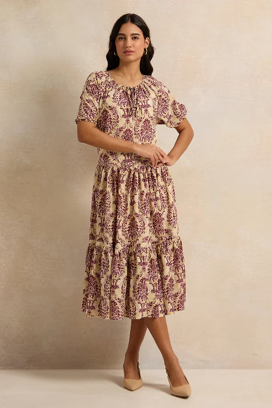Discount Deals Women Beige Printed Tiered Dress