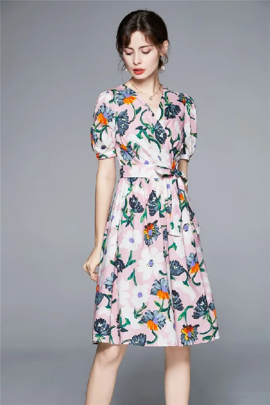 Special Discount Pink & Floral print Day A-line V-neck Short Sleeve Above Knee Printed Dress