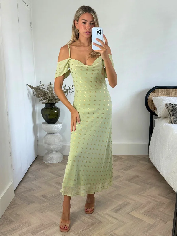 Crazy Savings Brylee Cowl Neck Cold Shoulder Midaxi Dress in Sage & Gold