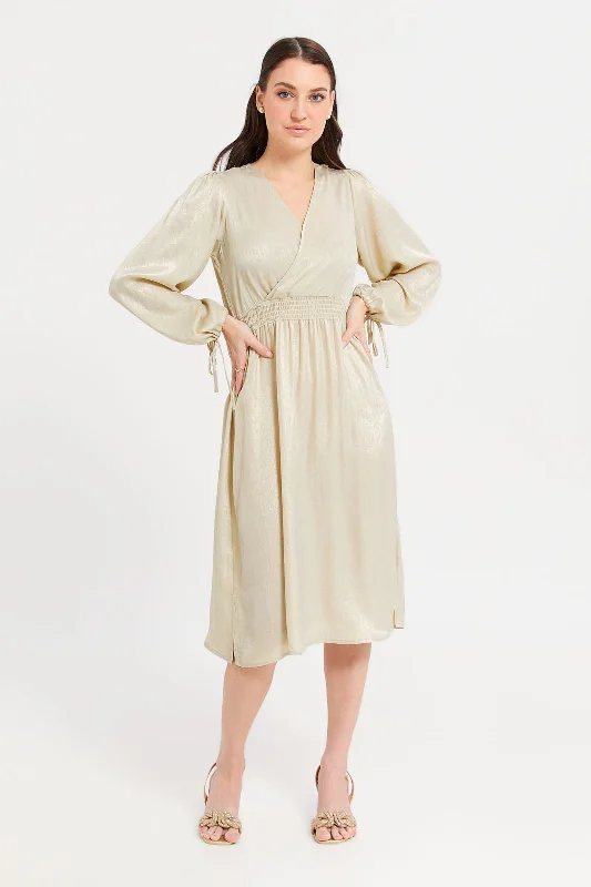 New Markdowns Women Gold Solid Wrap Dress