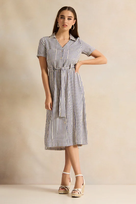 Crazy Deals Women White Striped Striped Belted Shirt Dress