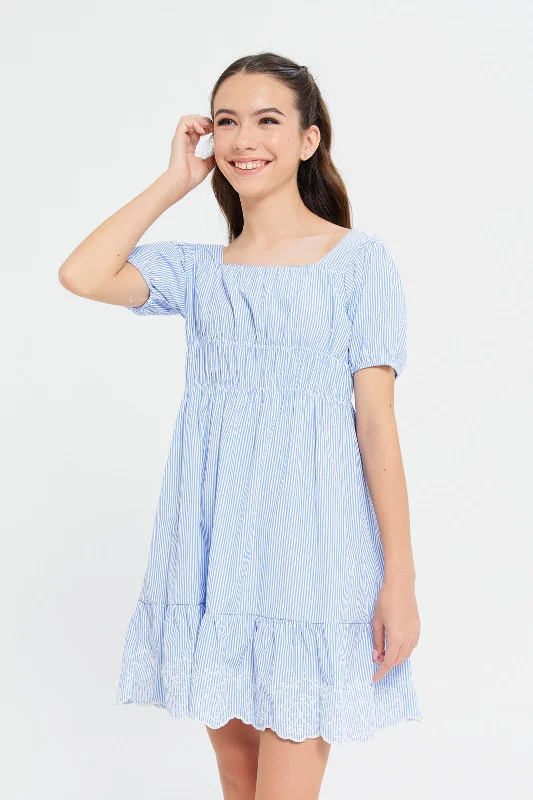 Huge Discounts Senior Girls Blue And White Striped Dress