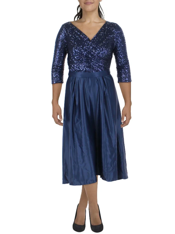 Friends and Family Sale Womens Sequined Tea Length Evening Dress