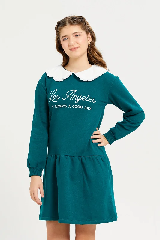 Season Finale Sale Senior Girls Green Peterpan Collar Sweatshirt Dress