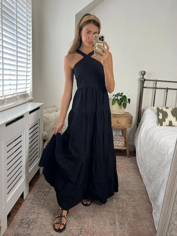Stock Clearance Immy Halter Tiered Dress / Black