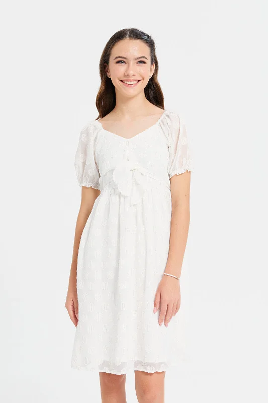 New Deals Senior Girls White Attached Belt Dress