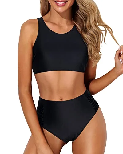 Deal of the Day Women's Sporty Crop Top Bikini With Bottom For Teen Girls-Black
