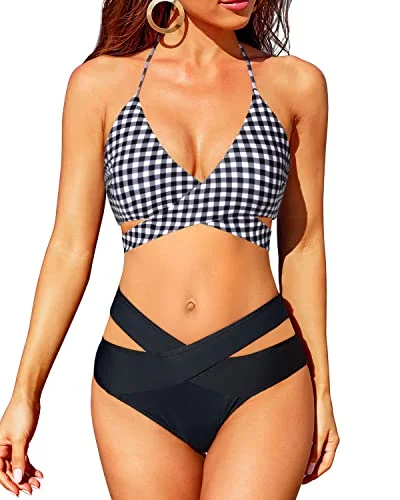 Final Clearance Triangle Wrap Bandage Bikini Set With High Waisted Bottoms For Women-Black And White Checkered