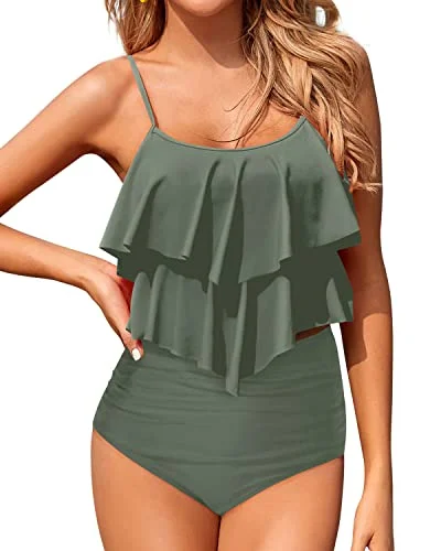 Epic Deals Flowy Two Piece Tummy Control Tankini Swimsuits For Women-Army Green