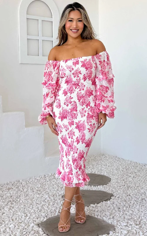 Anniversary Sale Oh Baby Shirred Midi Dress - Pink Floral