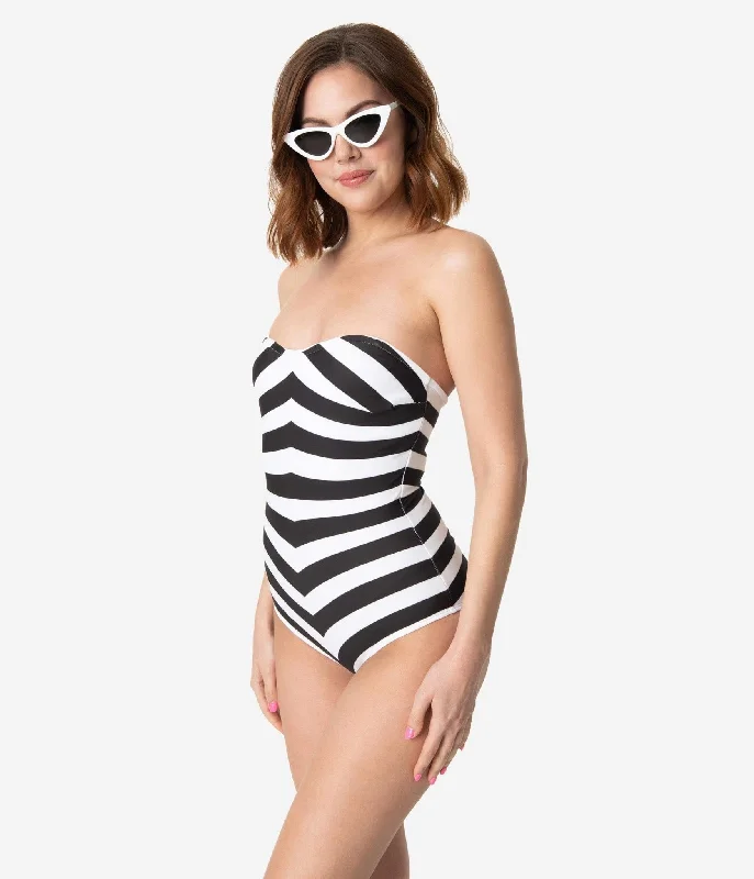 Value Deals BarbieÂª x Unique Vintage Black & White Chevron Stripe One Piece Bathing Suit