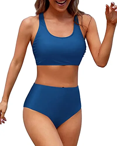 The Best Prices Sporty Criss Cross Back Two Piece Bikini Sports Crop Top Swimsuit-Blue