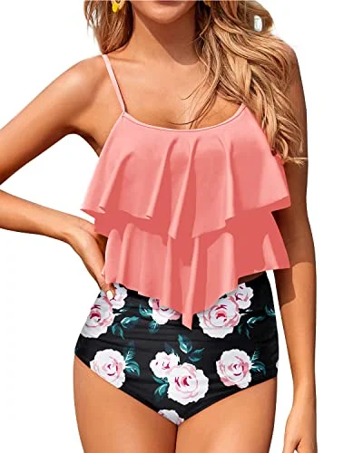 Don't Wait Two Piece Cute Tiered Ruffle Tankini Swimsuits For Women-Coral Pink Floral