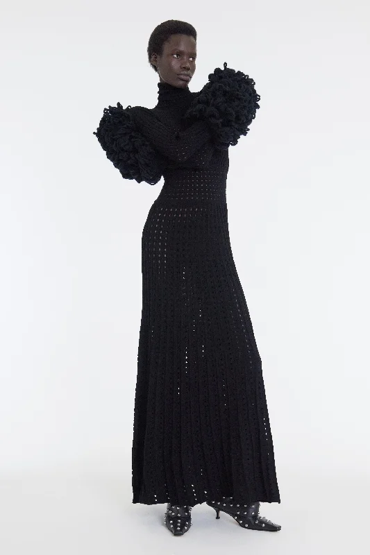 Instant Discount Perforated Knit Maxi Dress With Threaded Cuffs Black
