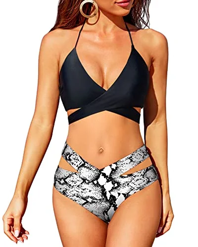 Weekend Deal High Leg Criss Cross Bikini High Waisted Push Up Swimsuit-Black And White Snake Print