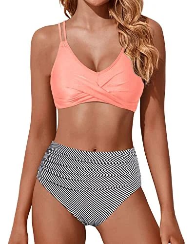 Bonus Savings Ruched High Waisted Bikini Set Two Piece Swimsuits Push Up Wrap Swim Suits-Coral Pink Stripe
