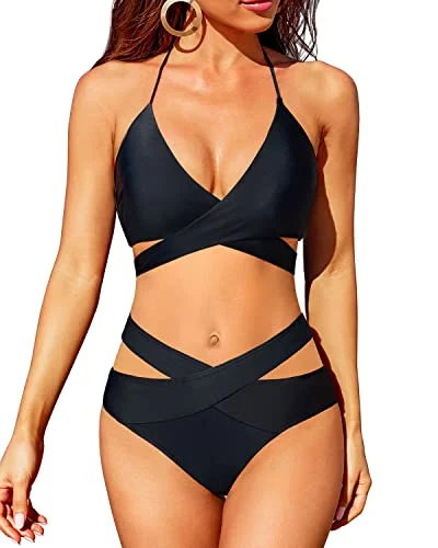 Today Only Wrap Halter Neck Bikini Set Criss Cross Two Piece Bathing Suit-Black