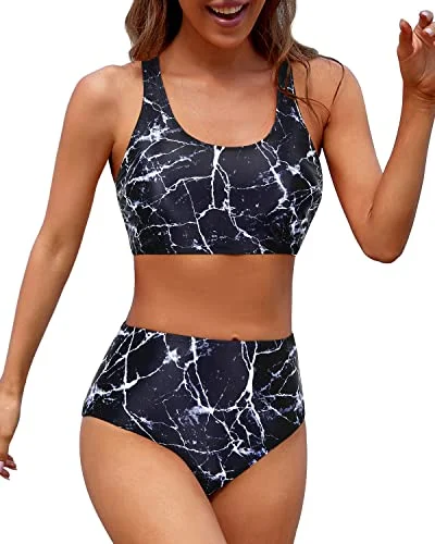 Time-Limited Offer Sporty Women's Two Piece Bikini Sports Crop Top Swimsuit-Black Marble