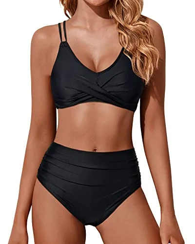 Special Price Twist Front High Waisted Bikini Set Two Piece Swimsuits Push Up Wrap Swim Suits-Black