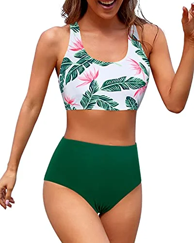 Super Sale Crop Top High Waisted Two Piece Bikini Sports Crop Top Swimsuit For Teen Girls-Green Tropical Floral