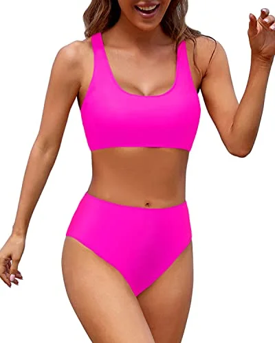 Closeout High Cut Legs Women Athletic Flattering Two Piece Bikini-Neon Pink